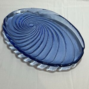 Vintage Cobalt Blue Glass Spiral Swirl Platter Textured Mod Swirl Retro 13"
